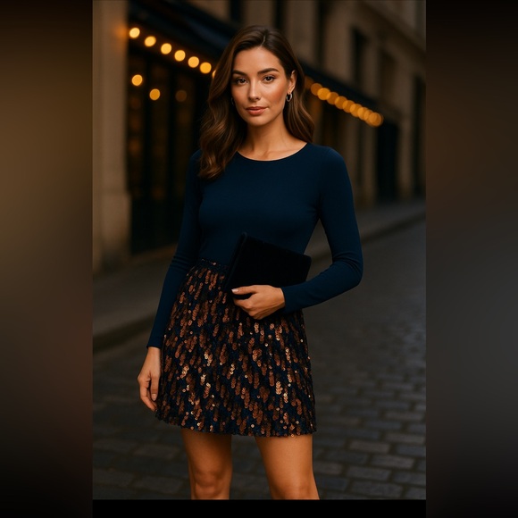 J CREW WOMENS NAVY BLUE WITH COPPER SEQUINS SKIRT - Picture 7 of 7